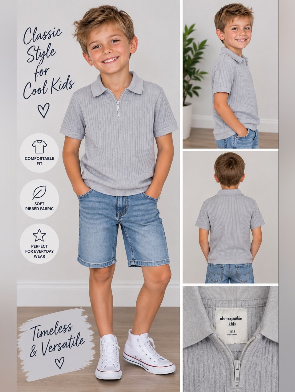 Abercrombie boys size 11/12 grey ribbed polo shirt #28
